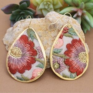 SET of Handmade Embroidered Teardrop Earrings & Cuff Bracelet